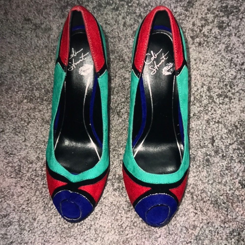 Colin Stuart Colorblock Red Green Blue Peep-Toe Heels